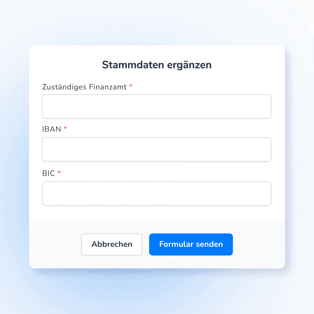Formular zur Ergänzung von Stammdaten wie Finanzamt, IBAN und BIC