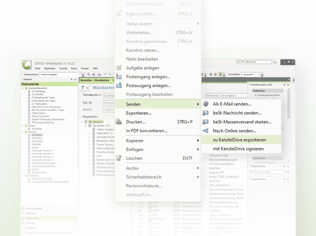 DATEV-Kontextmenü mit der Option „zu Kanzleidrive exportieren“