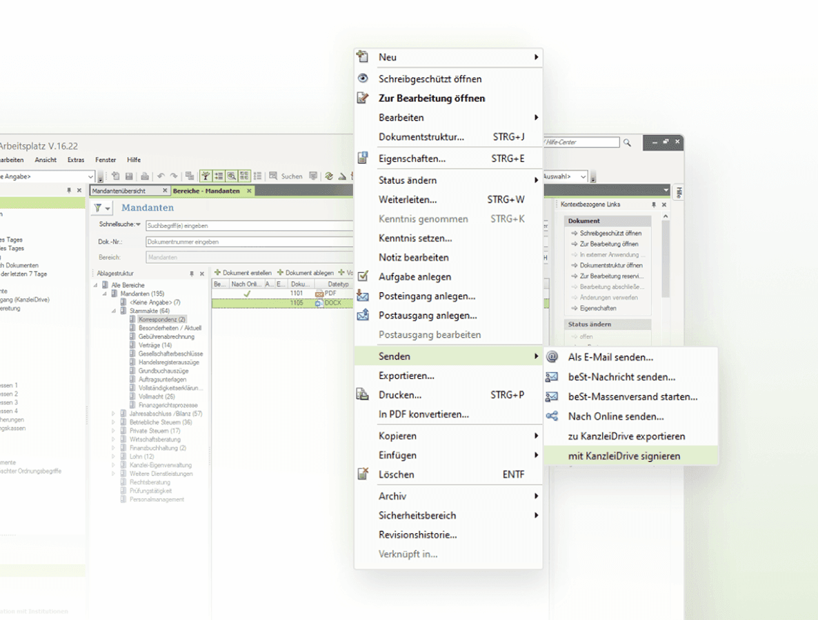 Kontextmenü in DATEV mit der Option „mit Kanzleidrive signieren“
