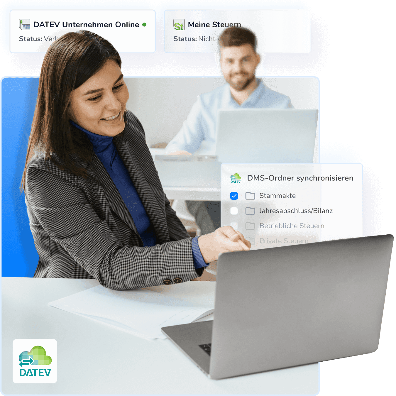 Steuerberaterin arbeitet mit DATEV und Kanzleidrive am Laptop