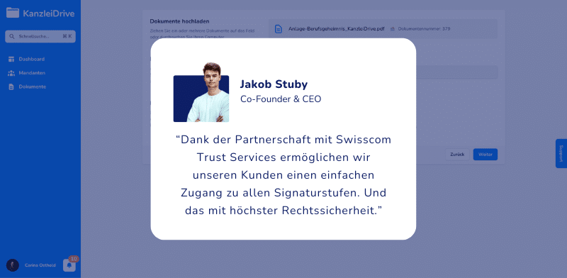Jakob Stuby mit Zitat über die Partnerschaft zwischen Swisscom und KanzleiDrive